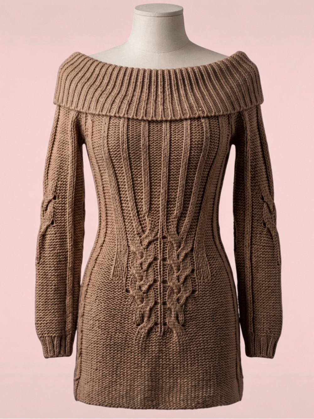 Off-Shoulder Cable Knit Sweater Dress- Camel